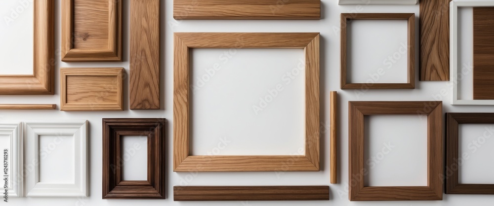 Fototapeta premium Assorted wooden photo frames in various styles and colors arranged on a white background showcasing oak, maple, walnut, and white finishes.