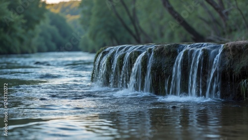 Serene small waterfall cascading over flat rocks into a tranquil river surrounded by lush greenery and gentle flowing water.