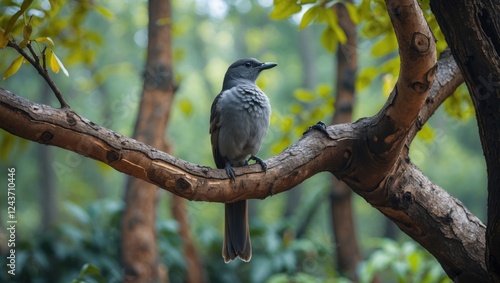 Grey Treepie Resting on a Branch in a Lush Forest Park Capturing the Beauty of Dendrocitta Formosae in Its Natural Habitat photo