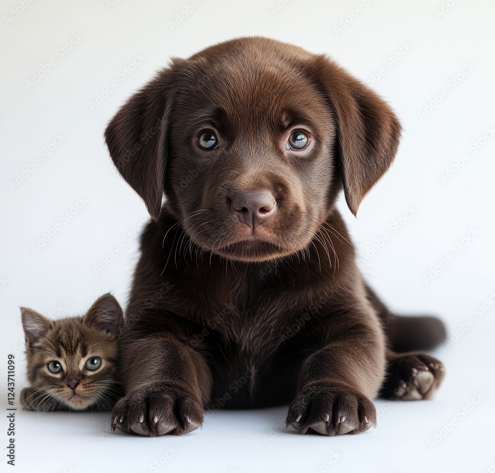 Adorable brown puppy with shiny fur and curious eyes brimming with innocence, alongside a playful tabby kitten in a serene studio setting against a light background Adorable brown puppy with shiny fur and curious eyes brimming with innocence, alongside a playful tabby kitten in a serene studio setting against a light background