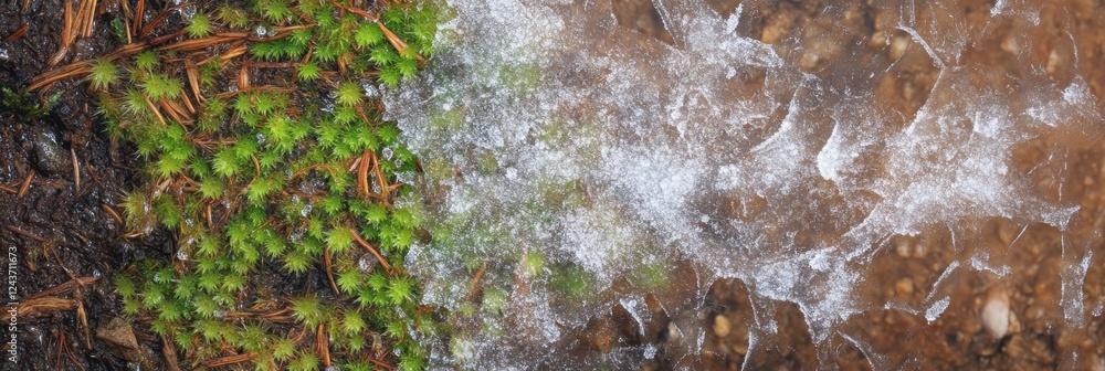 Contrast of frosty ice and lush green moss in nature photography Contrast of frosty ice and lush green moss in nature photography