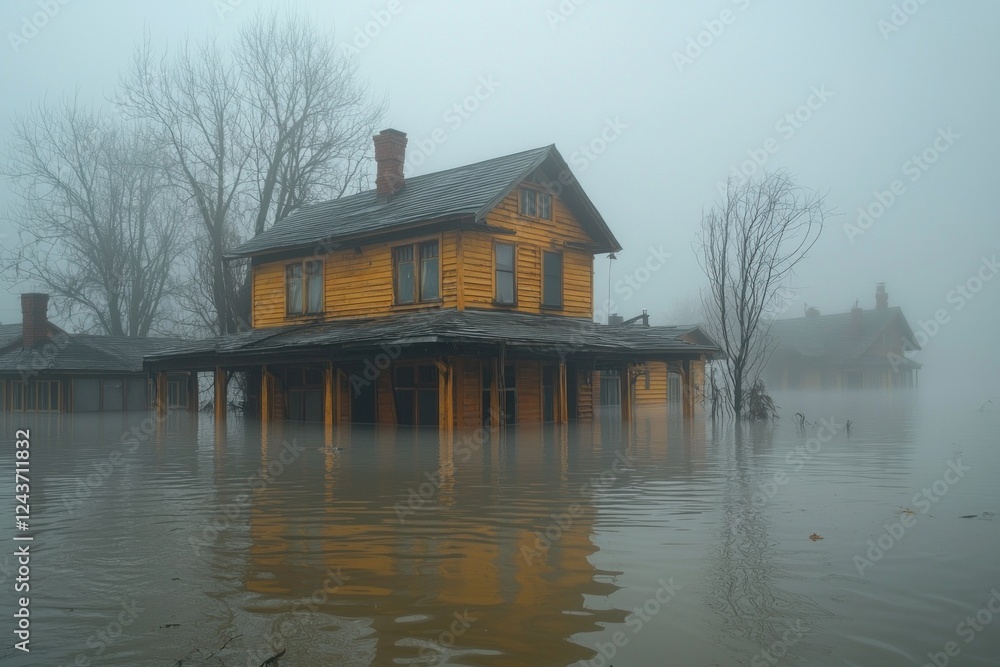 A foggy scene of abandoned yellow houses partially submerged in floodwaters, surrounded by bare trees and misty atmosphere A foggy scene of abandoned yellow houses partially submerged in floodwaters, surrounded by bare trees and misty atmosphere