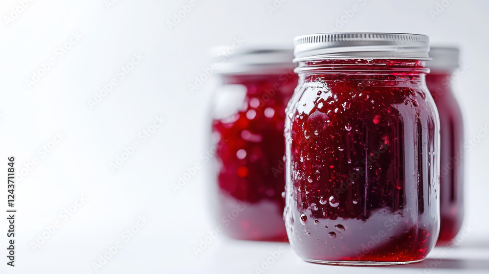 Closeup of homemade jam in glass jars for kitchen decor or culinary inspiration Closeup of homemade jam in glass jars for kitchen decor or culinary inspiration