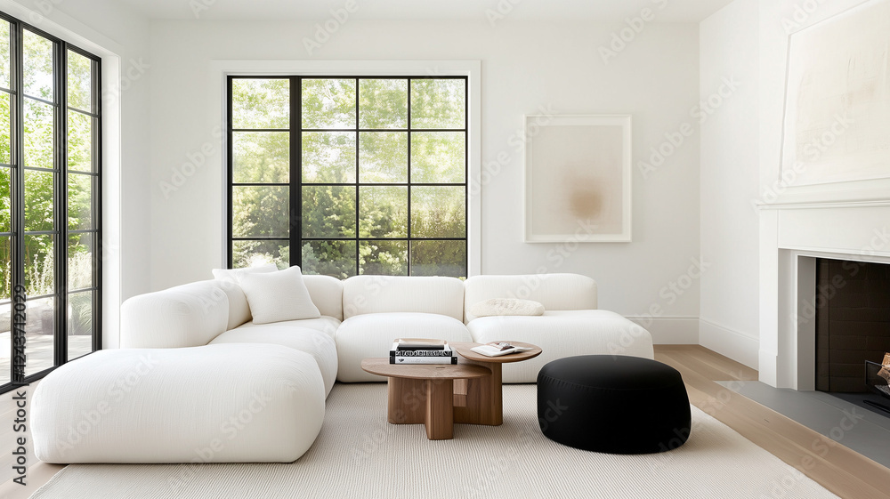 Fototapeta premium Modern living room with white sectional sofa, round black ottoman, and wooden coffee table. Large windows provide natural light and view of greenery outside