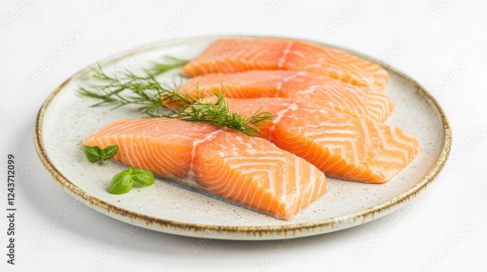 Close up of fresh salmon fillets with herbs on ceramic plate for culinary presentation Close up of fresh salmon fillets with herbs on ceramic plate for culinary presentation