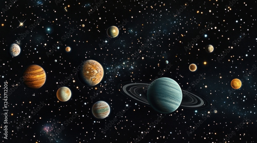 Fototapeta premium A depiction of various planets in a starry space background.