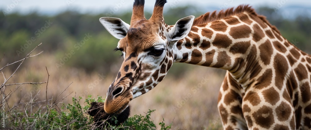 Fototapeta premium Giraffe munching on greenery in the wild, showcasing its long neck and distinctive patterns against a natural backdrop.