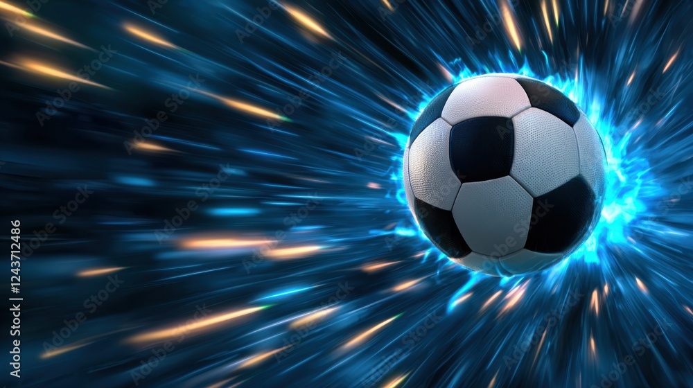 Naklejka premium A high speed soccer ball mid spin surrounded by a vibrant glowing energy burst against an abstract futuristic backdrop The dynamic motion and radiant lighting create a captivating