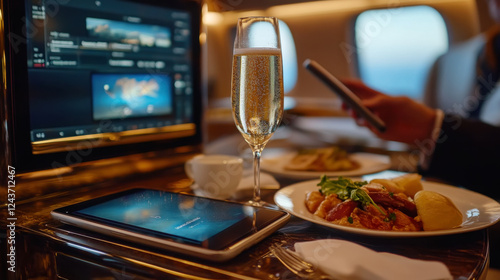 Luxurious in-flight dining experience with sparkling wine and gourmet meal photo