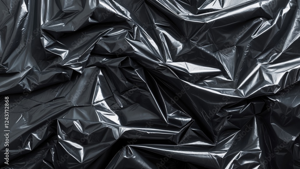Glossy black plastic bag texture with intricate folds and creases suitable for backgrounds, patterns, or design elements in various projects. Glossy black plastic bag texture with intricate folds and creases suitable for backgrounds, patterns, or design elements in various projects.
