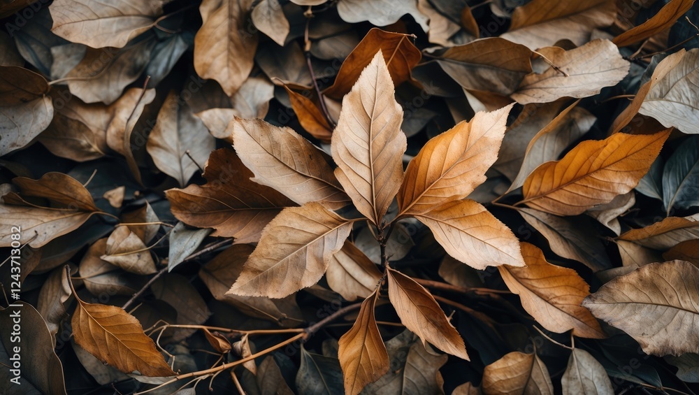 Zoomed-in close-up of various dry autumn leaves showcasing intricate textures and warm earthy tones on a natural background. Zoomed-in close-up of various dry autumn leaves showcasing intricate textures and warm earthy tones on a natural background.