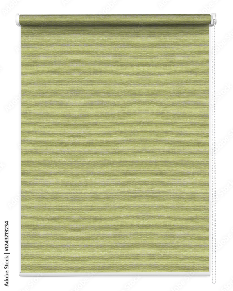 Fototapeta premium A green and white striped curtain is hanging on a white background
