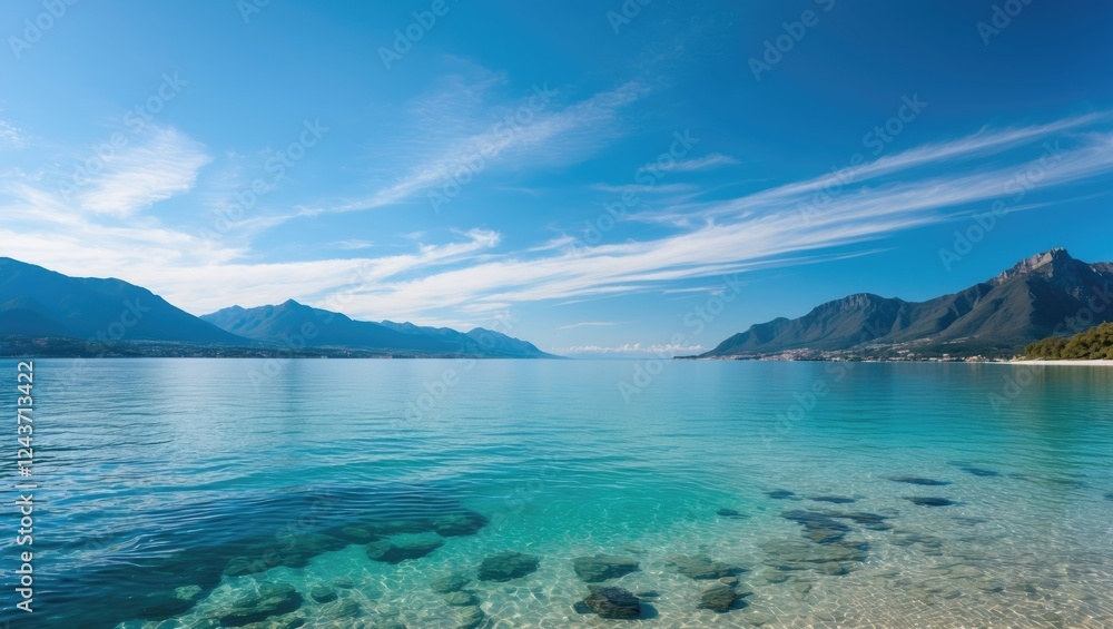 Serene beach view with crystal clear waters, azure sky and distant mountains, creating an idyllic setting for relaxation and tranquility. Serene beach view with crystal clear waters, azure sky and distant mountains, creating an idyllic setting for relaxation and tranquility.