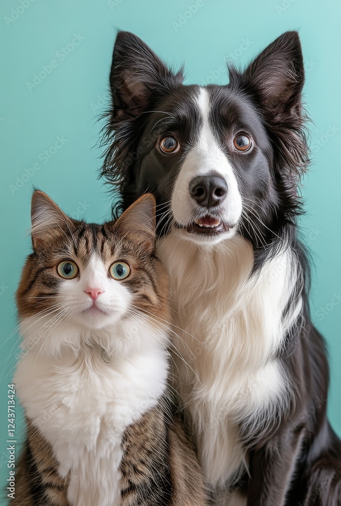 Adorable Cat and Dog Duo Posed Together Against a Vibrant Background in a Studio Setting, Showcasing Their Unique Features and Expressions Adorable Cat and Dog Duo Posed Together Against a Vibrant Background in a Studio Setting, Showcasing Their Unique Features and Expressions