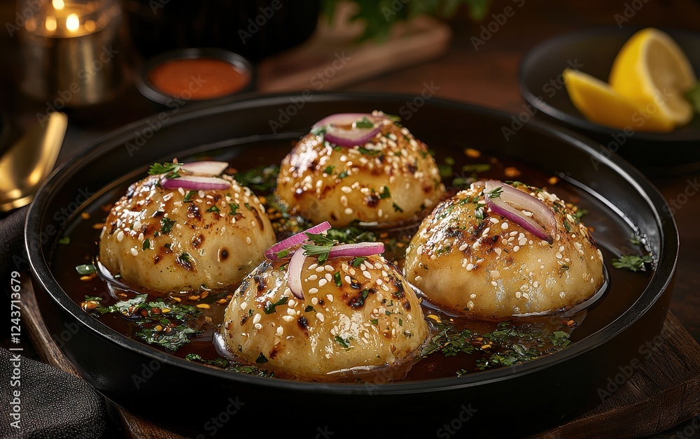 A close-up of a glowing plate of bhature, puffed and golden brown, served with spicy chole garnished with raw onions, coriander, and lemon wedges. The vibrant composition adds depth and warmth A close-up of a glowing plate of bhature, puffed and golden brown, served with spicy chole garnished with raw onions, coriander, and lemon wedges. The vibrant composition adds depth and warmth