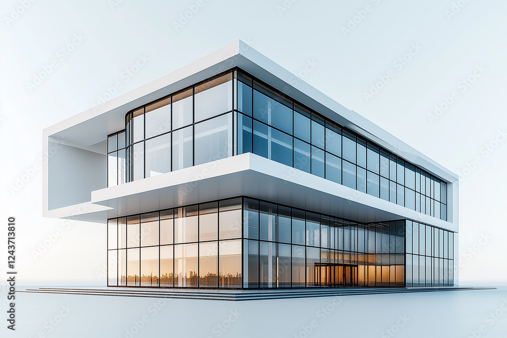 Fototapeta premium Architecture of Light. A pristine, modern office building facade, defined by glass and clean lines, reflects a bright, minimalist aesthetic. 
