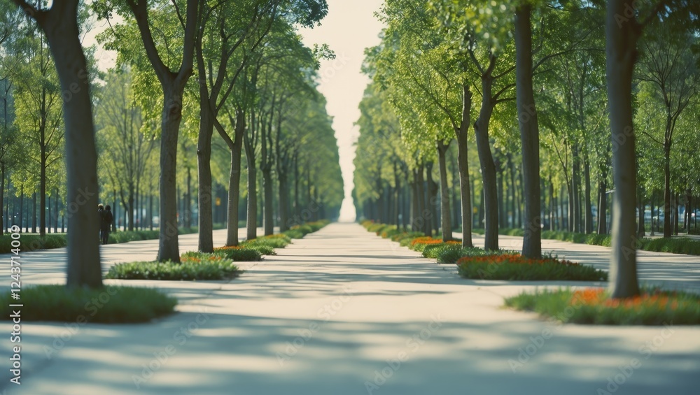 Symmetrical tree-lined walkway with vibrant greenery and blurred background, offering ample space for text or branding purposes. Symmetrical tree-lined walkway with vibrant greenery and blurred background, offering ample space for text or branding purposes.