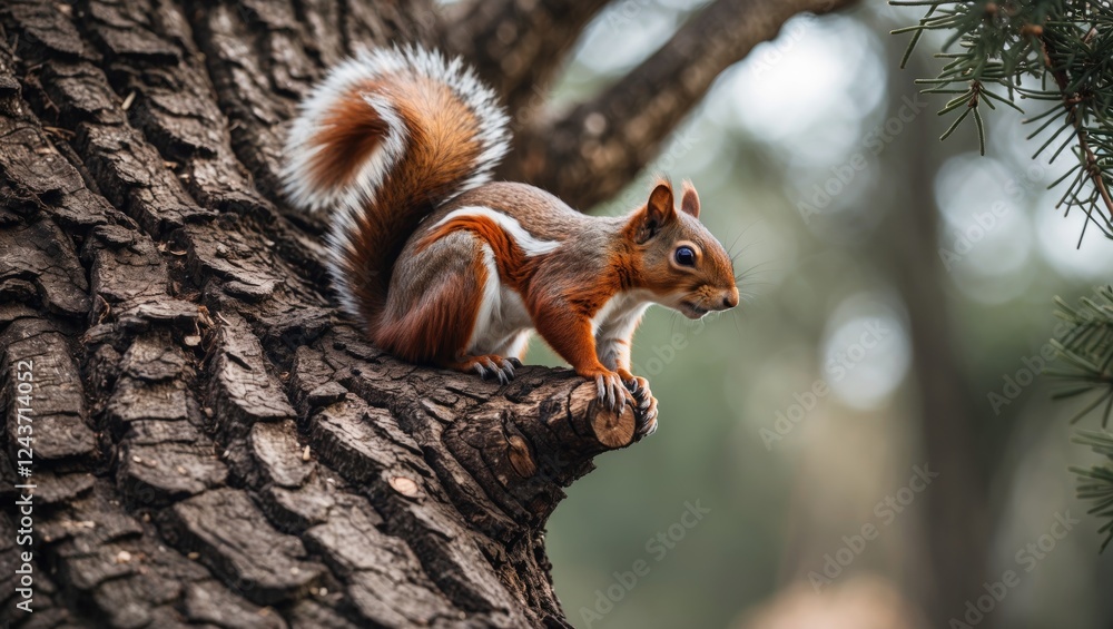 Squirrel perched on textured tree bark showcasing wildlife in natural habitat during daytime. Squirrel perched on textured tree bark showcasing wildlife in natural habitat during daytime.