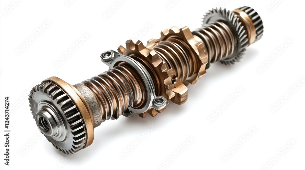 A detailed metallic component featuring gears and coils, likely used in machinery. A detailed metallic component featuring gears and coils, likely used in machinery.