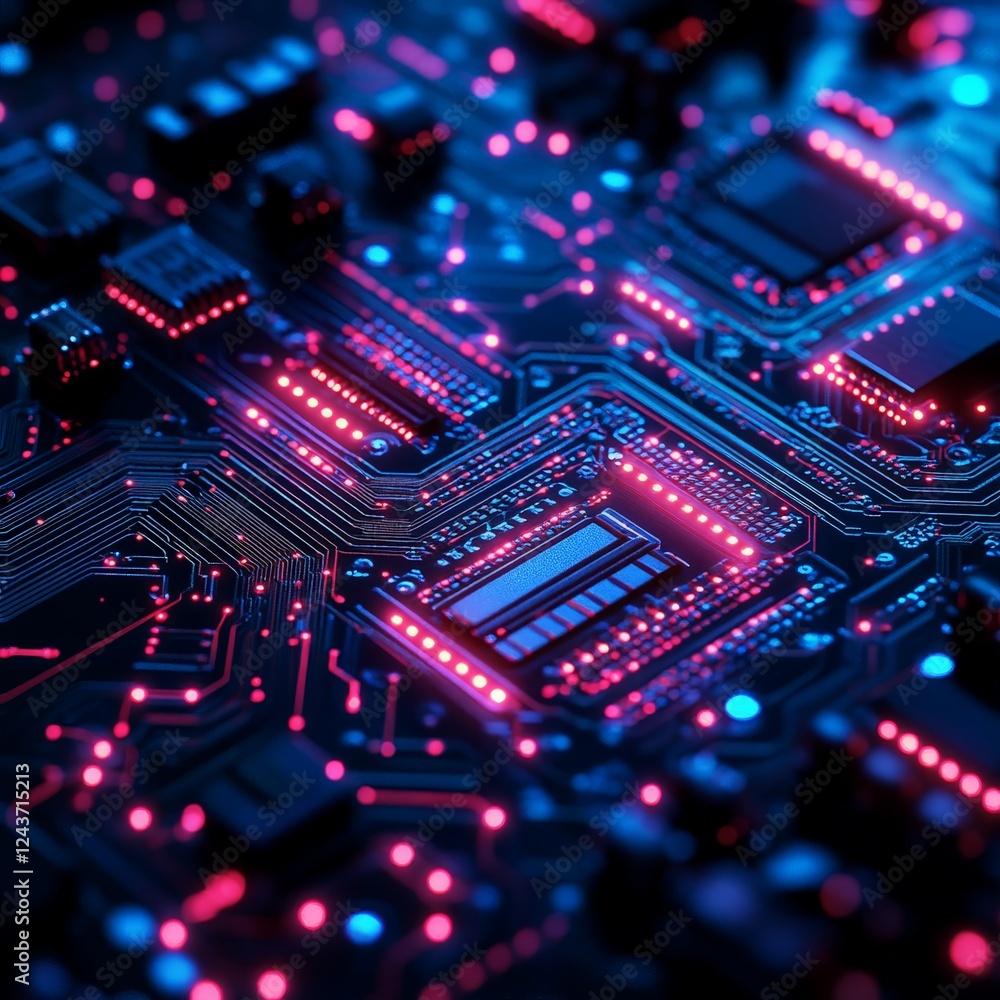 A futuristic digital circuit board with glowing lines and microchips, representing technological advancement and innovation. Perfect for tech-related content, cybersecurity, and AI themes. A futuristic digital circuit board with glowing lines and microchips, representing technological advancement and innovation. Perfect for tech-related content, cybersecurity, and AI themes.