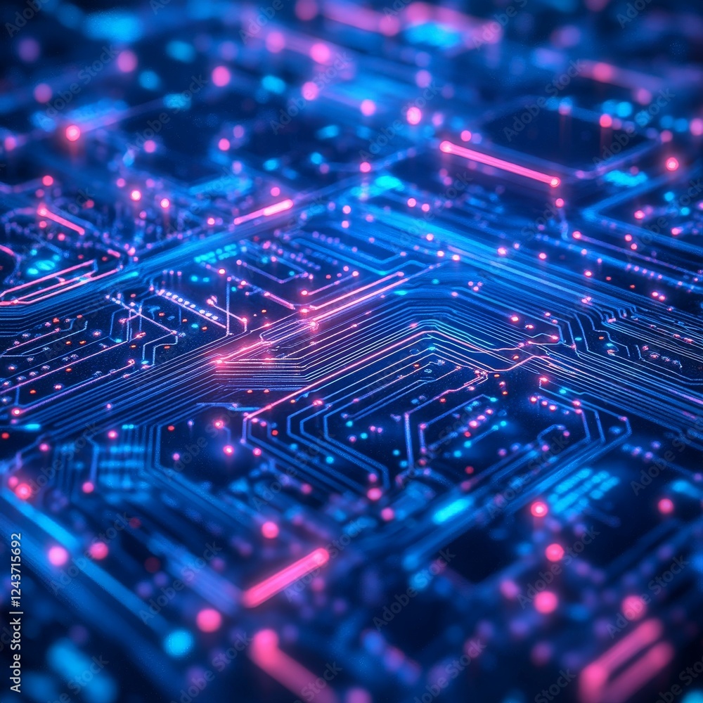A futuristic digital circuit board with glowing lines and microchips, representing technological advancement and innovation. Perfect for tech-related content, cybersecurity, and AI themes. A futuristic digital circuit board with glowing lines and microchips, representing technological advancement and innovation. Perfect for tech-related content, cybersecurity, and AI themes.