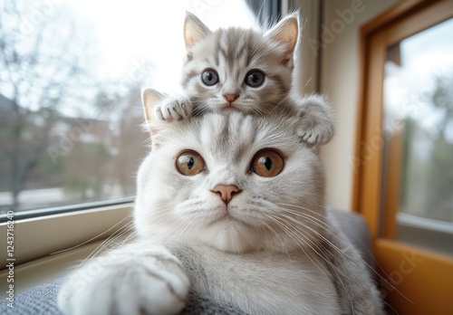 Wallpaper Mural Adorable Cat and Kittens Relaxing Together by the Window with Playful Interaction and Bonding Moments Captured in Soft Natural Light Torontodigital.ca