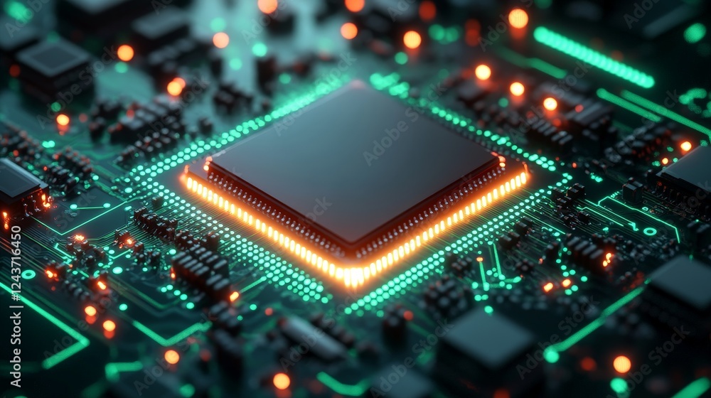 Obraz premium A futuristic digital circuit board with glowing lines and microchips, representing technological advancement and innovation. Perfect for tech-related content, cybersecurity, and AI themes.