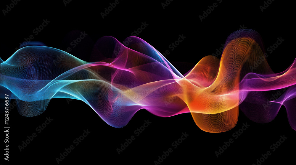 Colorful, flowing sound waves on a black background, creating a vibrant, abstract design. Colorful, flowing sound waves on a black background, creating a vibrant, abstract design.