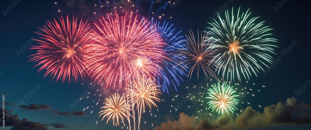 Vibrant fireworks illuminate a night sky in stunning colors creating magical displays of reds blues and greens against a velvety backdrop. Vibrant fireworks illuminate a night sky in stunning colors creating magical displays of reds blues and greens against a velvety backdrop.