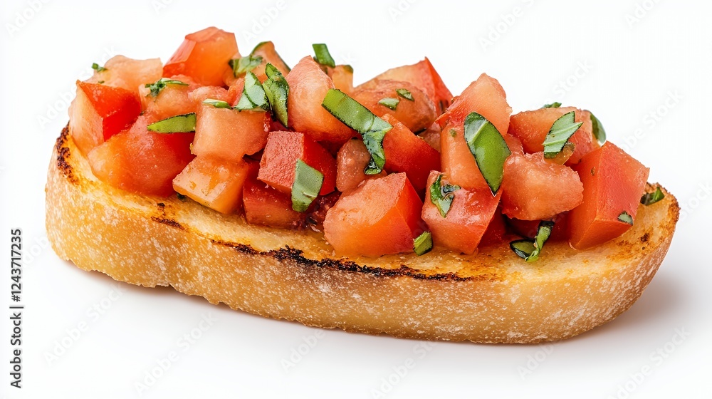 Close Up Of Toasted Bread Bruschetta Topped With Fresh Tomatoes And Basil Close Up Of Toasted Bread Bruschetta Topped With Fresh Tomatoes And Basil