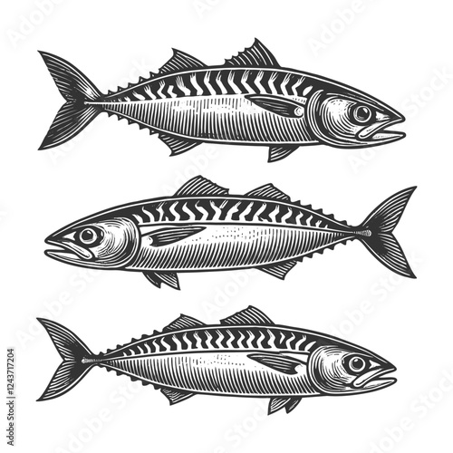 mackerel fish, featuring intricate line work and realistic texture, isolated on white sketch engraving generative ai vector illustration. Scratch board imitation. Black and white image.