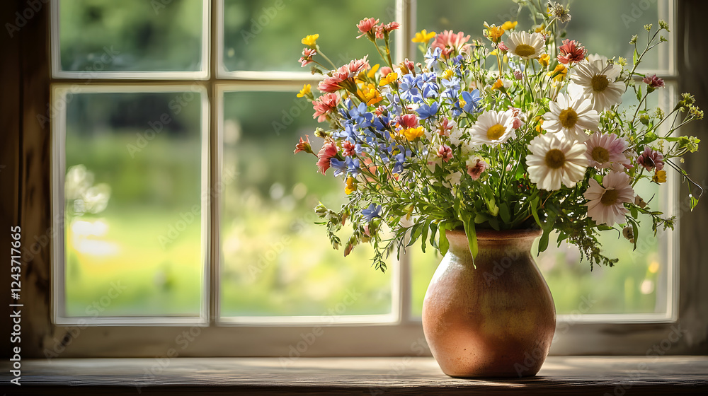 A Stunning Display of Freshly Picked Wildflowers in a Rustic Ceramic Vase Under Soft Morning Light A Stunning Display of Freshly Picked Wildflowers in a Rustic Ceramic Vase Under Soft Morning Light