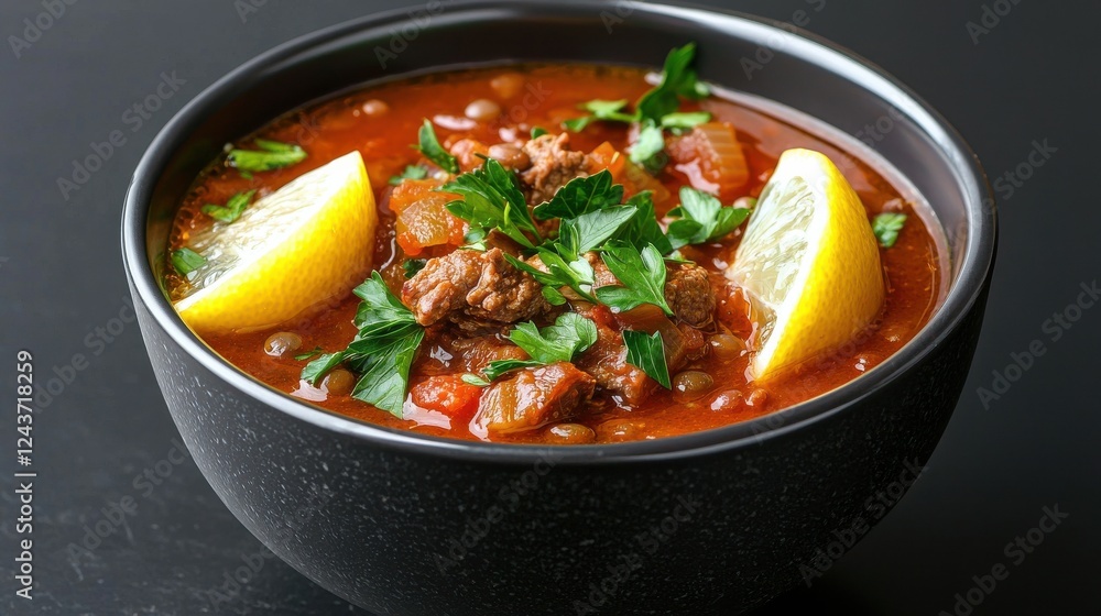 A bowl of Middle Eastern lentil soup garnished with parsley and lemon wedges A bowl of Middle Eastern lentil soup garnished with parsley and lemon wedges