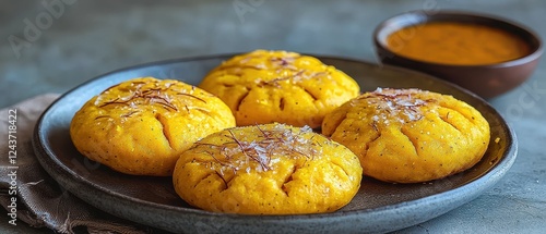 A close-up of glowing dal baati churma, with golden baatis cracked open and drizzled with ghee, served alongside a bowl of rich dal and sweet churma. The vibrant presentation enhances the royal  photo