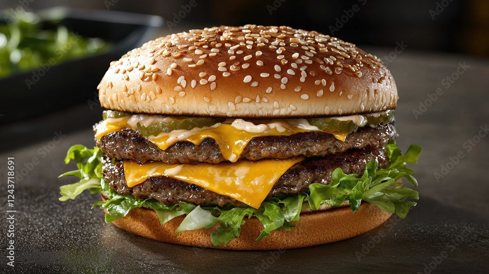 A cheeseburger with a sesame seed bun, melted cheese, and fresh lettuce A cheeseburger with a sesame seed bun, melted cheese, and fresh lettuce