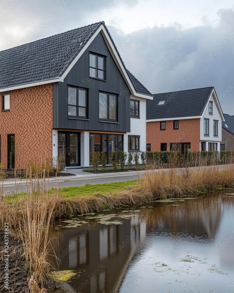 This image features stylish modern houses alongside calm waters, showcasing innovative architecture with a combination of materials that blend harmoniously with the environment. This image features stylish modern houses alongside calm waters, showcasing innovative architecture with a combination of materials that blend harmoniously with the environment.