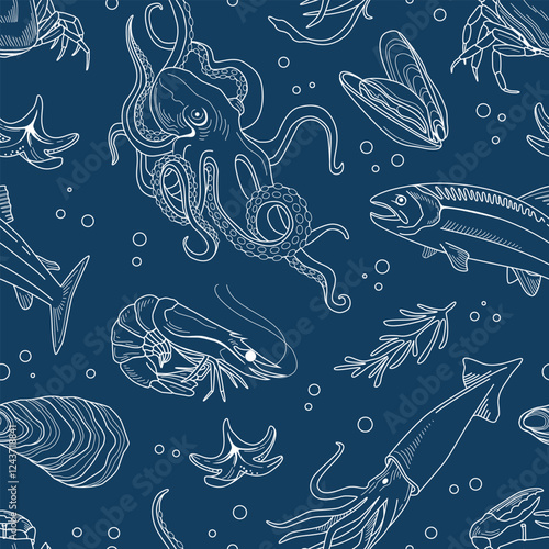 Sea style seamless pattern. Octopus, shrimp, salmon, trout, oysters, mussels, squid, crab. Vector illustration with marine elements.