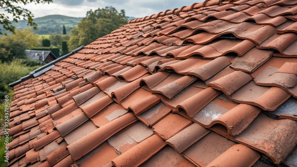 Clay roof tiles on a rustic home reflecting traditional architecture amidst a scenic landscape with mountains and greenery in the background. Clay roof tiles on a rustic home reflecting traditional architecture amidst a scenic landscape with mountains and greenery in the background.