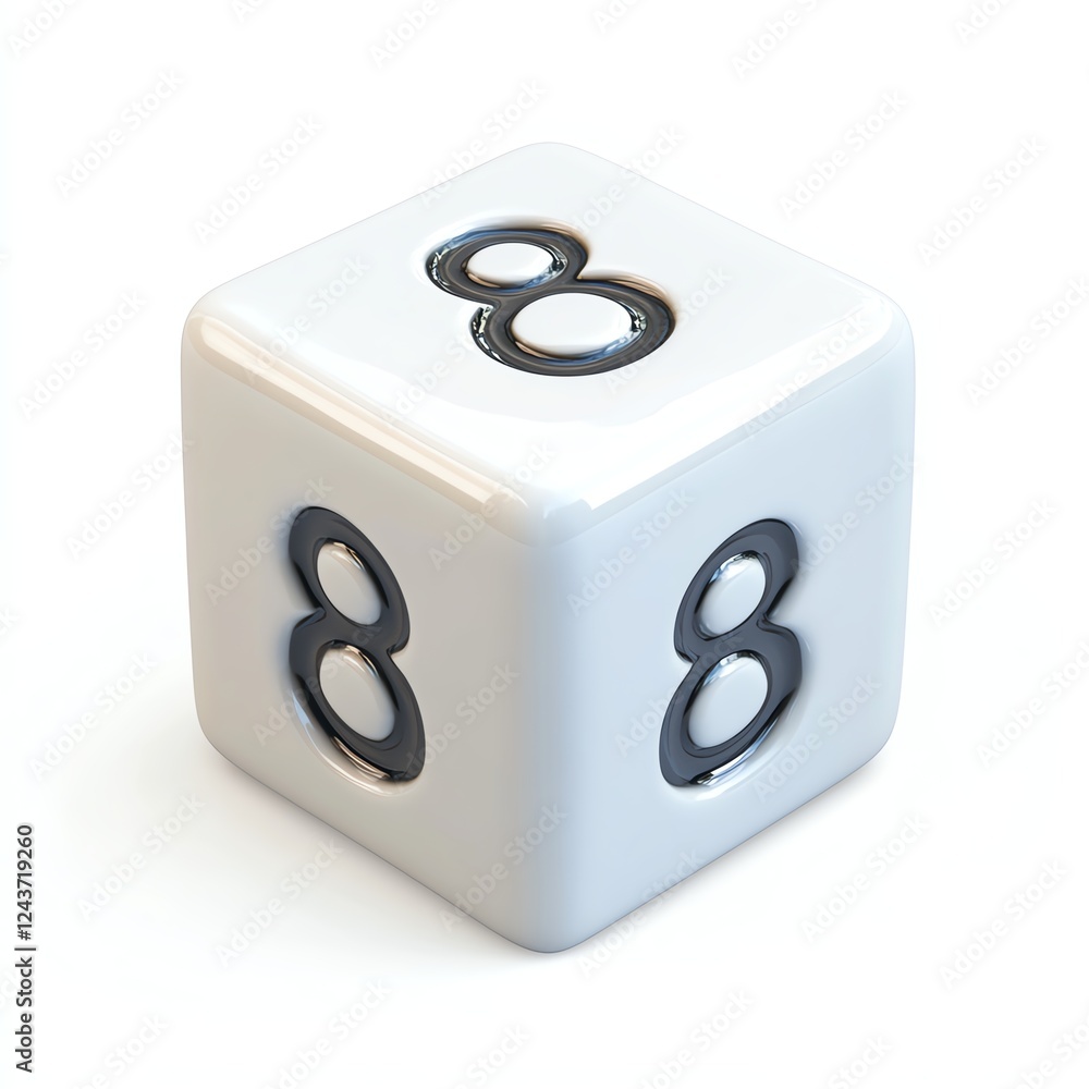 A white die showing the number eight on its sides, isolated on a white background. A white die showing the number eight on its sides, isolated on a white background.
