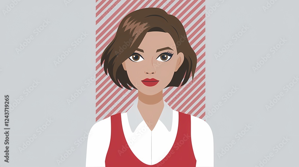 Flat Art Illustration of an Attractive Woman with Short Brown Hair, White Shirt, and Red Vest Against a Striped Background Flat Art Illustration of an Attractive Woman with Short Brown Hair, White Shirt, and Red Vest Against a Striped Background