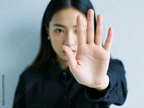Business woman hand stop sign. refusing to take bribe, anti-corruption laws in action, ban or prohibition gesture, rejecting offer, Never, no compromise,stop,rejection