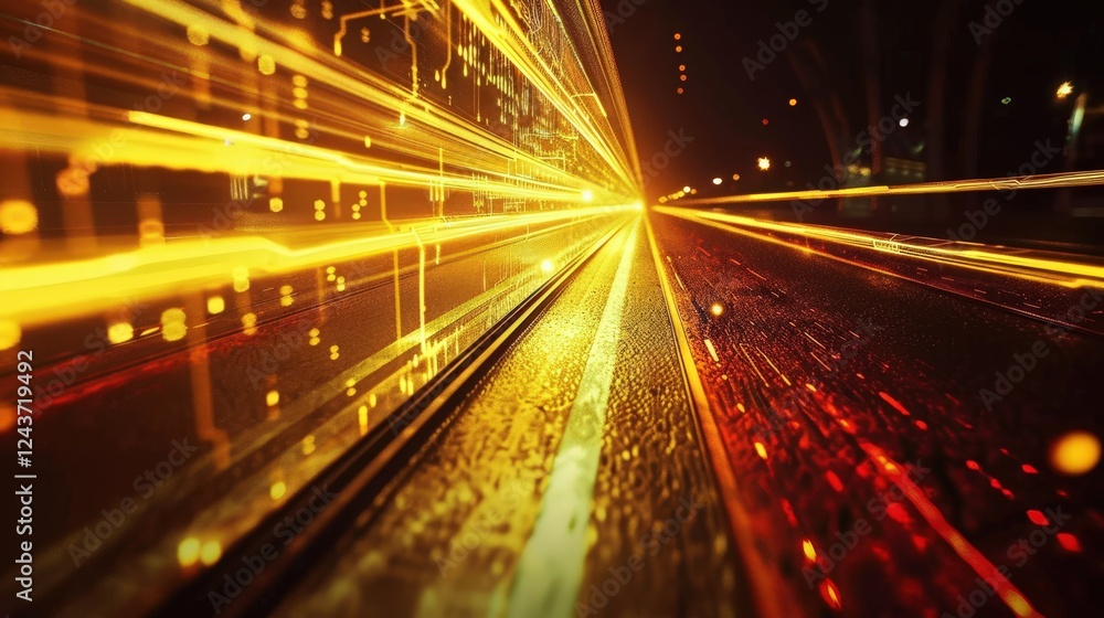 A vibrant, abstract image showcasing dynamic light streaks in yellow and orange, representing speed and movement against a dark backdrop.