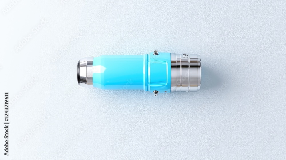Blue cylindrical object on light blue background, product photography, industrial design Blue cylindrical object on light blue background, product photography, industrial design