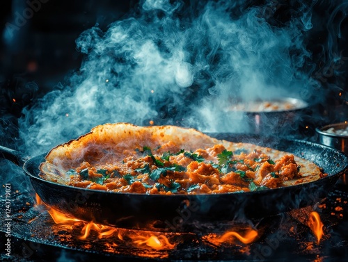 A close-up of glowing rawa dosa being cooked on a hot griddle, served with coconut chutney and hot sambar in small steel bowls. The crispy golden dosa contrasts with the smooth white chutney  photo