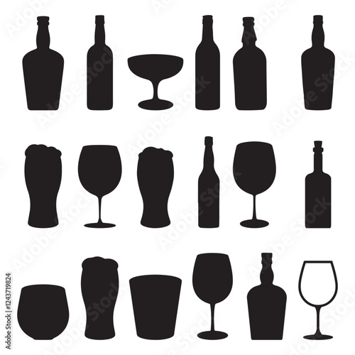 Silhouettes various alcohol cocktail glasses bar set. Black Isolated Glasses of wine, glasses of beer, bar bottles and shot glasses. Vector illustration on white background