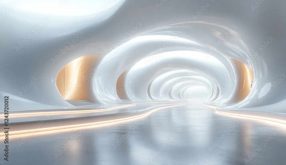 Fototapeta premium Minimalist Futuristic Interior Design with White Surfaces and Soft Glowing Lines