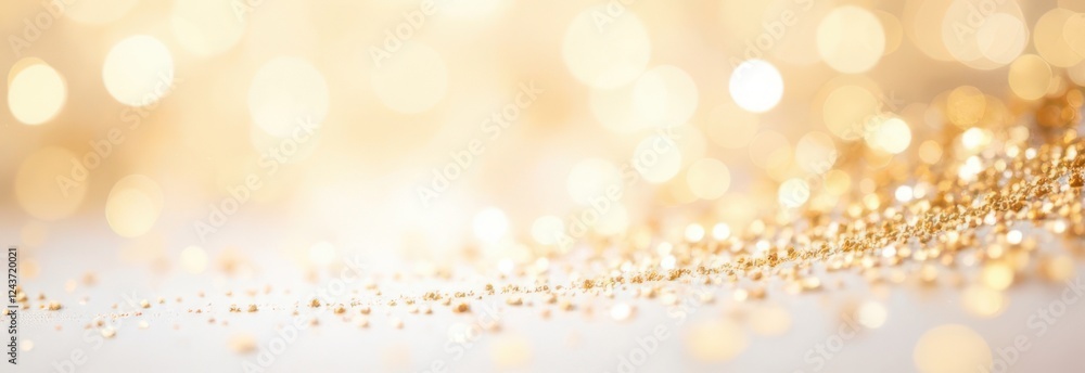 Golden particles swirling on a bright festive background creating bokeh effect with place for text. Golden particles swirling on a bright festive background creating bokeh effect with place for text.