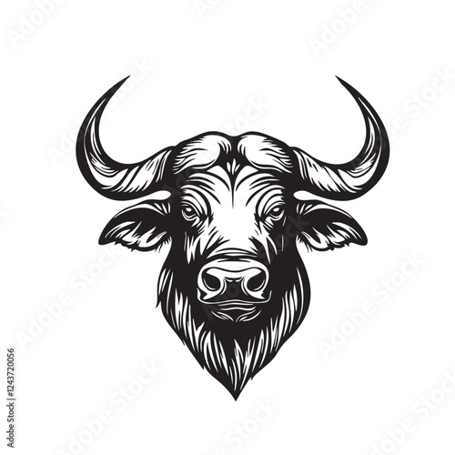 Illustration vector of an African buffalo head with large curved horns. Bold, fierce, and tribal-style design, ideal for logos and prints. Wildlife Animals