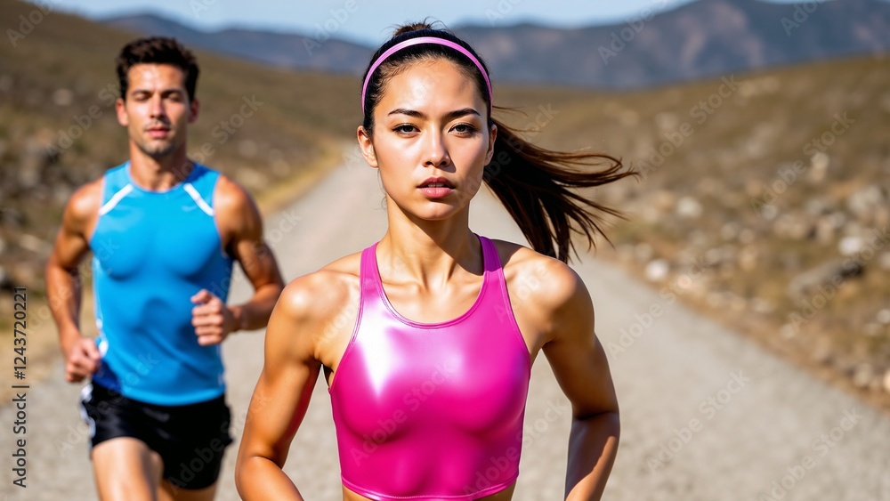 A determined female athlete runs outdoors in a metallic pink sports top, with a male runner following behind A determined female athlete runs outdoors in a metallic pink sports top, with a male runner following behind