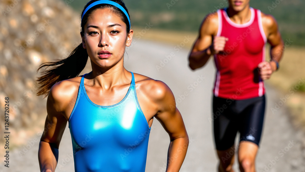 A determined female athlete runs outdoors in a metallic pink sports top, with a male runner following behind A determined female athlete runs outdoors in a metallic pink sports top, with a male runner following behind